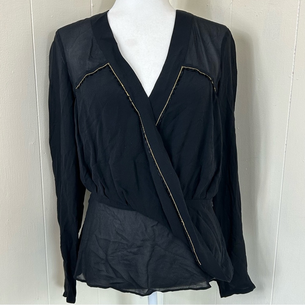 Marchesa Voyage Luxury Black 100% Silk V-Neckline Long Sleeve Blouse Top Size 6.